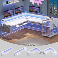 Sikaic L Shaped Reversible Gaming Desk with Power Outlets LED Strip White