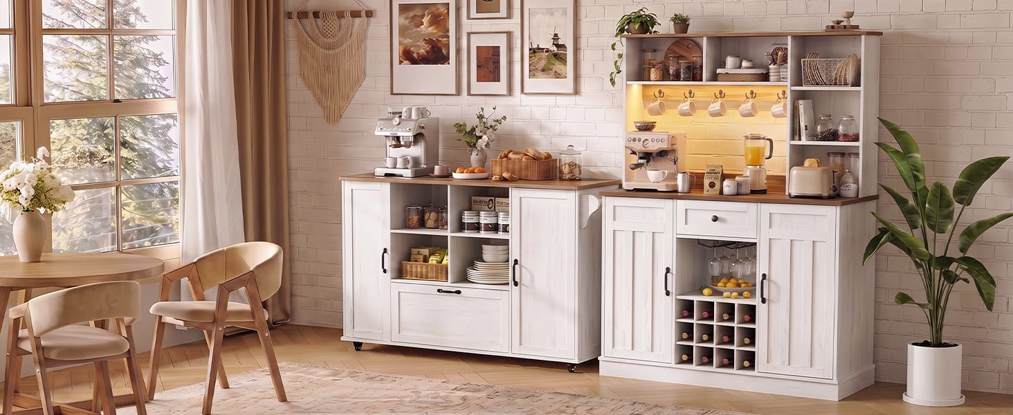 Kitchen Island and LED Coffee Bar Set