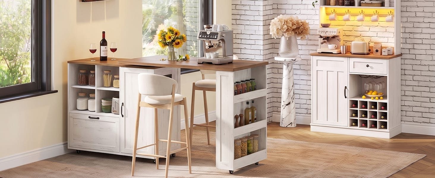 Kitchen Island and LED Coffee Bar Set