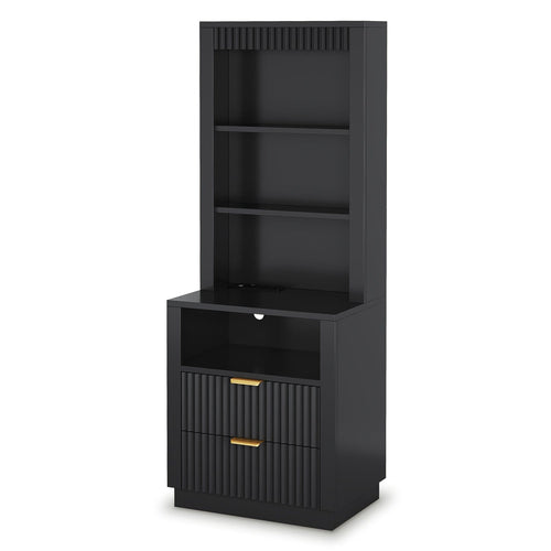 Tall Fluted Nightstand with Drawers and Charging Station Black