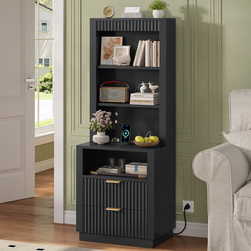 Tall Fluted Nightstand with Drawers and Charging Station Black