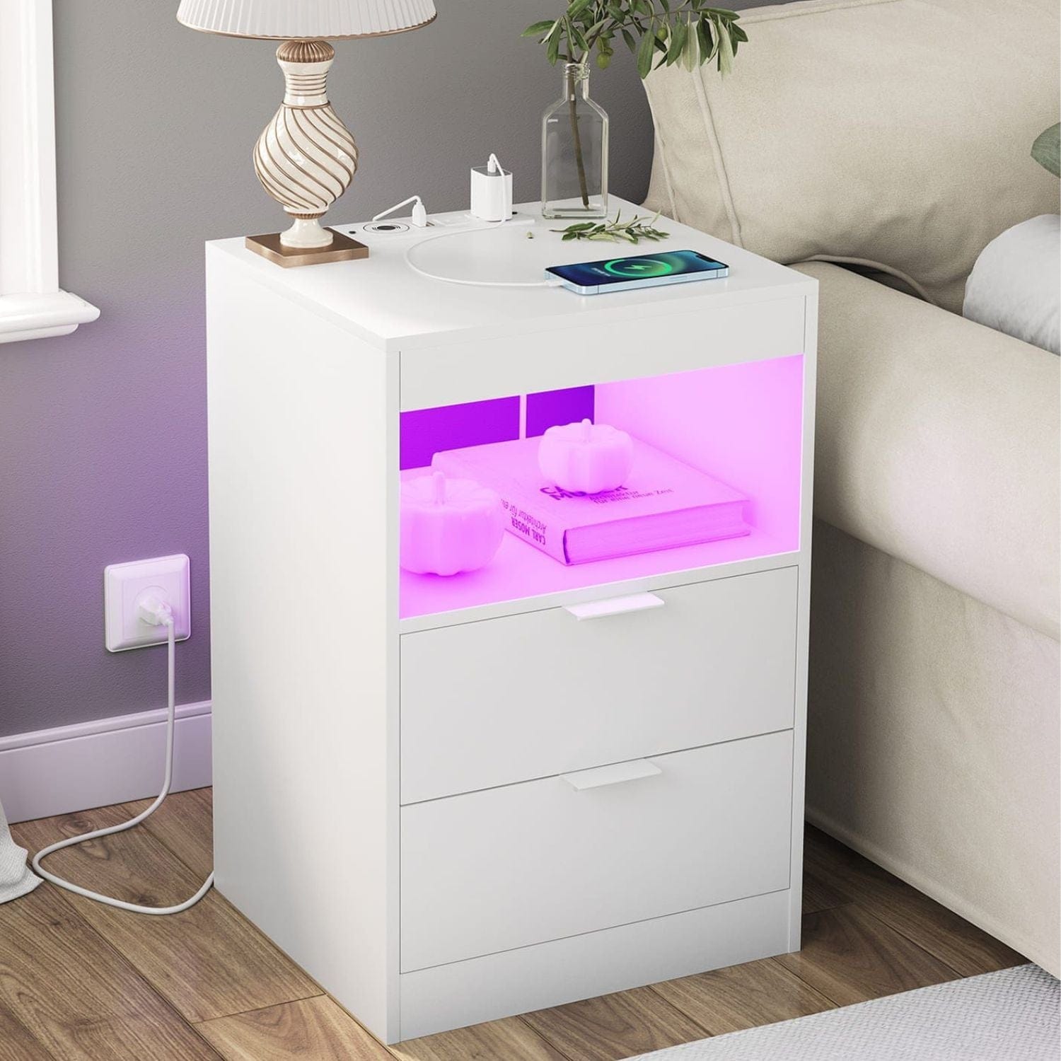 2 Drawers Nightstand With Pull-Out Shelf Wireless White Charging Station And LED Lights