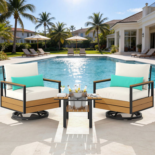 Sikaic 3 Piece Patio Set 3 Piece Outdoor Patio Furniture Set with 360° Swivel Armchair Accent Chair, Thick Cushion and Sliding Table Beige Beige / Engineered Wood / Modern