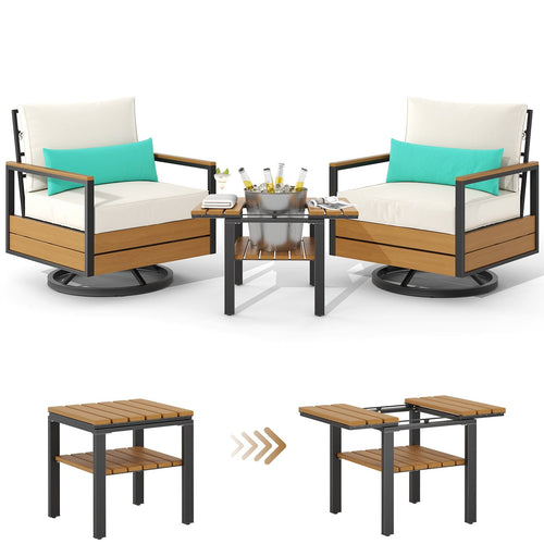 Sikaic 3 Piece Patio Set 3 Piece Outdoor Patio Furniture Set with 360° Swivel Armchair Accent Chair, Thick Cushion and Sliding Table Beige Beige / Engineered Wood / Modern