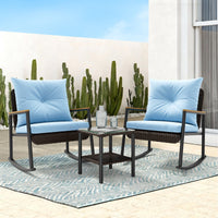 Sikaic 3 Piece Patio Set 3 Piece Patio Furniture Set with Thick Cushions and 2-Tier Glass Coffee Table Lake Blue Lake Blue / Rattan / Modern