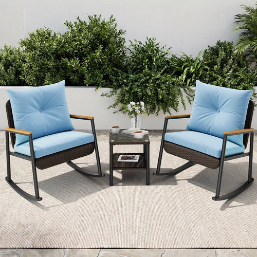 Sikaic 3 Piece Patio Set 3 Piece Patio Furniture Set with Thick Cushions and 2-Tier Glass Coffee Table Lake Blue Lake Blue / Rattan / Modern
