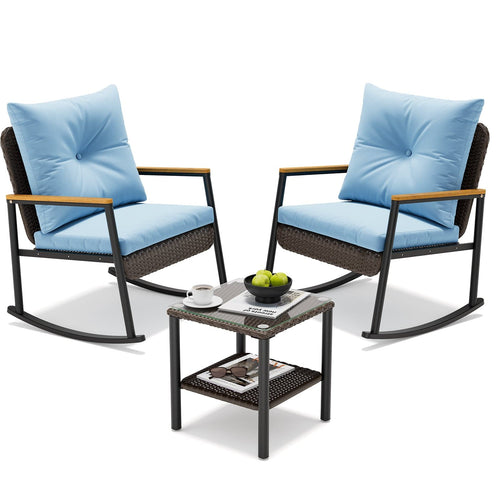 Sikaic 3 Piece Patio Set 3 Piece Patio Furniture Set with Thick Cushions and 2-Tier Glass Coffee Table Lake Blue Lake Blue / Rattan / Modern
