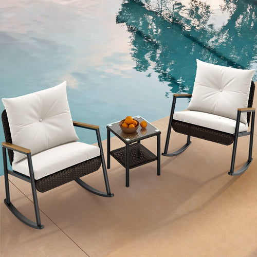 Sikaic 3 Piece Patio Set 3 Piece Patio Furniture Set with Thick Cushions and 2-Tier Glass Coffee Table White White / Rattan / Modern