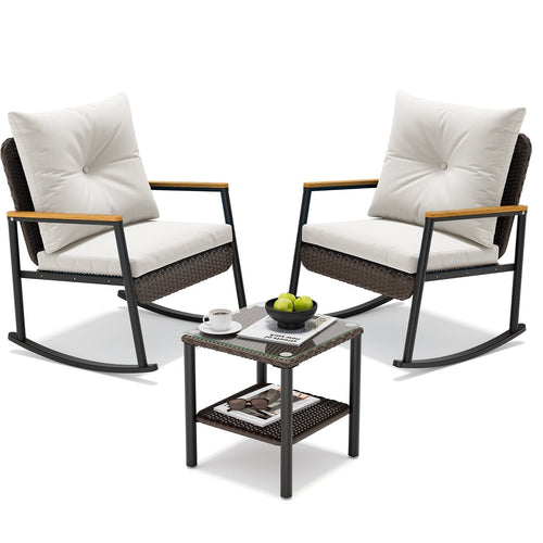 Sikaic 3 Piece Patio Set 3 Piece Patio Furniture Set with Thick Cushions and 2-Tier Glass Coffee Table White White / Rattan / Modern