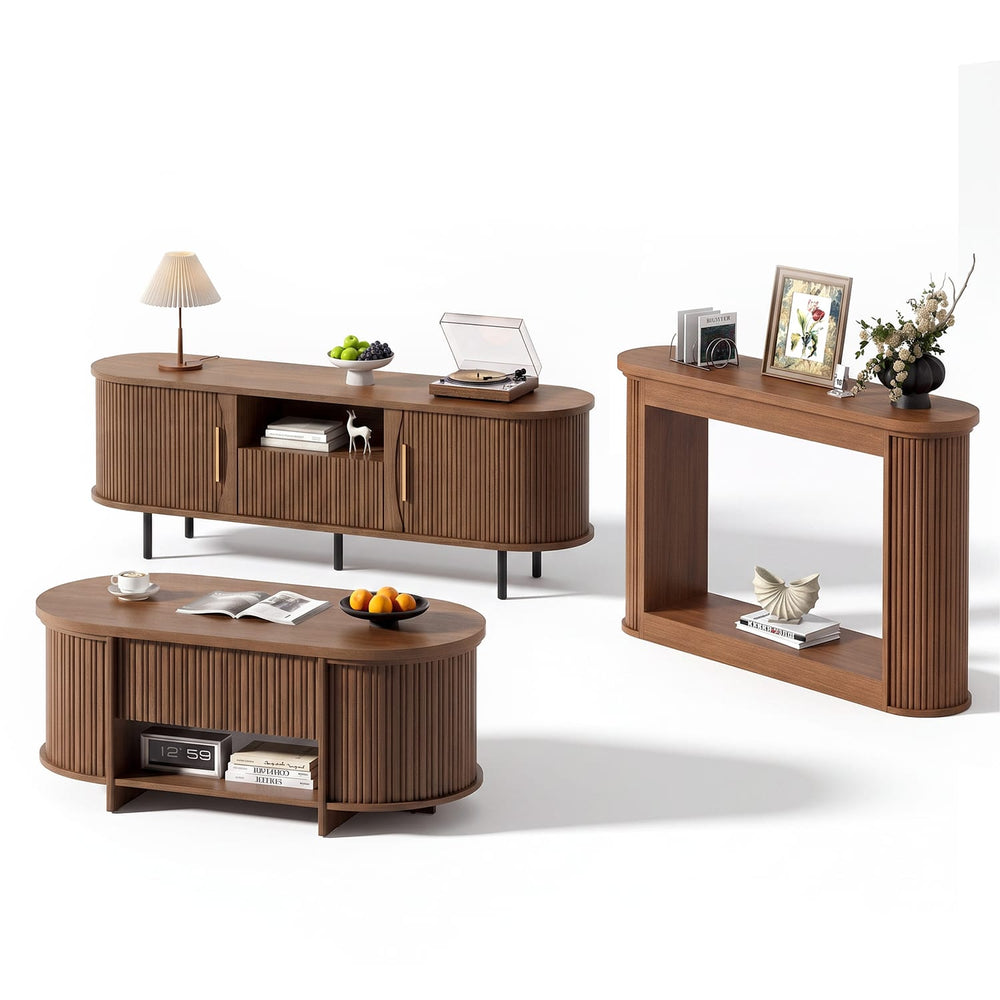 Sikaic 3-Piece Set Sikaic Living Room Furniture Set with Slatted Design – Walnut Finish Brown / Engineered Wood / Modern