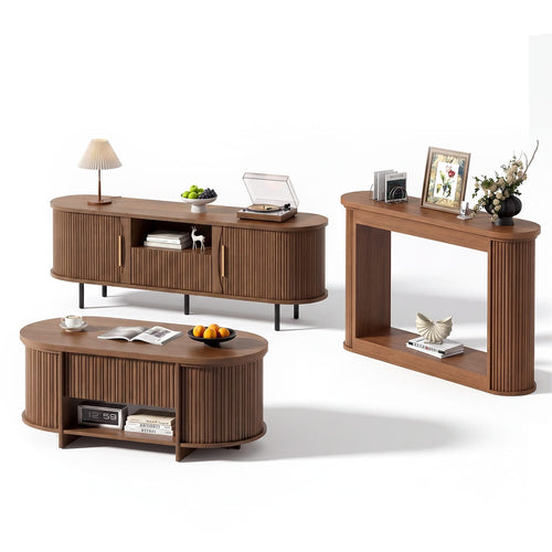 Sikaic 3-Piece Set Sikaic Living Room Furniture Set with Slatted Design – Walnut Finish Brown / Engineered Wood / Modern