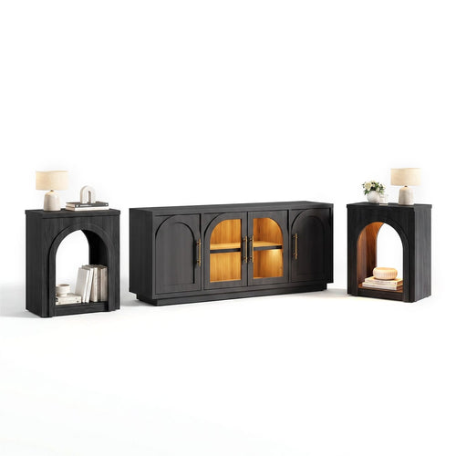 Sikaic 3-Piece Set Sikaic Arched Living Room Set with TV Stand and End Table Matte Black Mattle Black / Engineered Wood / Modern