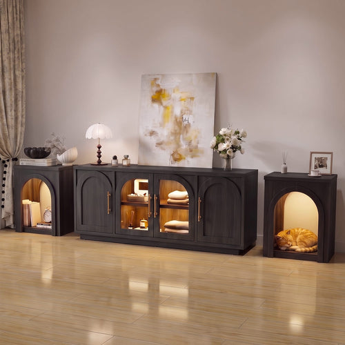 Sikaic 3-Piece Set Sikaic Arched Living Room Set with TV Stand and End Table Matte Black Mattle Black / Engineered Wood / Modern
