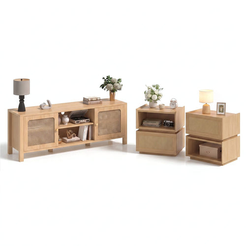 Sikaic 3-Piece Set Sikaic Rattan Boho TV Stand and Modular Nightstand Set Natural Natural / Engineered Wood / Bohemian