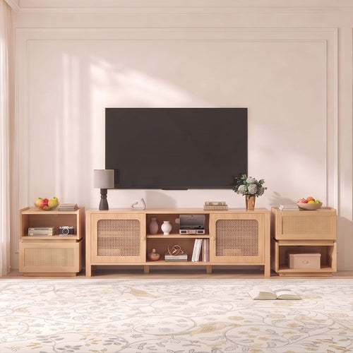 Sikaic 3-Piece Set Sikaic Rattan Boho TV Stand and Modular Nightstand Set Natural Natural / Engineered Wood / Bohemian