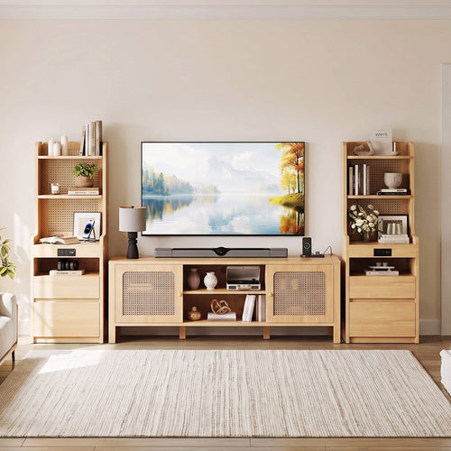 Sikaic 3-Piece Set Sikaic Rattan Boho TV Stand and Modular Nightstand Set Natural Natural / Engineered Wood / Bohemian