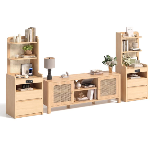 Sikaic 3-Piece Set Sikaic Rattan Boho TV Stand and Modular Nightstand Set Natural Natural / Engineered Wood / Bohemian