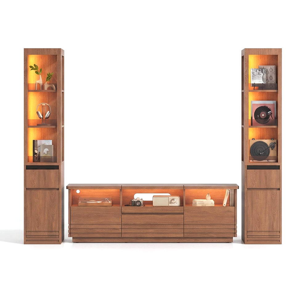Sikaic 3-Piece Set Sikaic 3-Piece 63in LED TV Stand and 12in Narrow Bookshelf Set Walnut Walnut / Engineered Wood / Modern