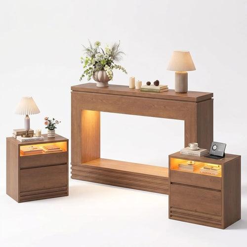 Sikaic 3-Piece Set Sikaic 3 Piece Furniture Set TV Stand 2 Nightstands Console Walnut Walnut / Engineered Wood / Modern