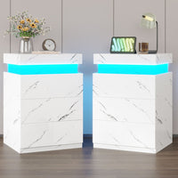 Sikaic Nightstand with Sliding Top Charging Station and LED Lights White Marble