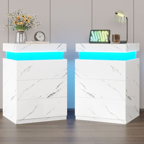 Sikaic Nightstand with Sliding Top Charging Station and LED Lights White Marble