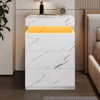Sikaic Nightstand with Sliding Top Charging Station and LED Lights White Marble