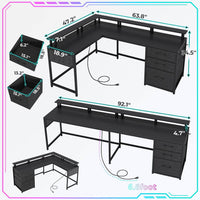 Sikaic 63.8" L Shaped Reversible Corner Carbon Fiber Gaming Desk with Power Outlet and Pegboard LED Light Drawers Black