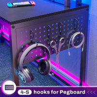 Sikaic 63.8" L Shaped Reversible Corner Carbon Fiber Gaming Desk with Power Outlet and Pegboard LED Light Drawers Black