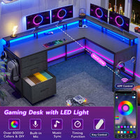 Sikaic 63.8" L Shaped Reversible Corner Carbon Fiber Gaming Desk with Power Outlet and Pegboard LED Light Drawers Black