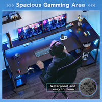 Sikaic 70.8'' Large PC Gamer Gaming Desk with LED Lights Storage Shelves Monitor Stand Power Outlets and Cup Holder Black