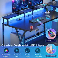 Sikaic 70.8'' Large PC Gamer Gaming Desk with LED Lights Storage Shelves Monitor Stand Power Outlets and Cup Holder Black