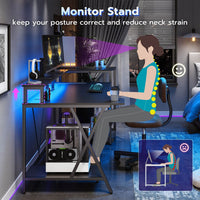 Sikaic 70.8'' Large PC Gamer Gaming Desk with LED Lights Storage Shelves Monitor Stand Power Outlets and Cup Holder Black