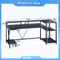 Sikaic 70.8'' Large PC Gamer Gaming Desk with LED Lights Storage Shelves Monitor Stand Power Outlets and Cup Holder Black