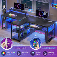 Sikaic 94.5" T Shaped 2 Person Modern Gaming Desk Computer Furniture with Storage LED Lights Black