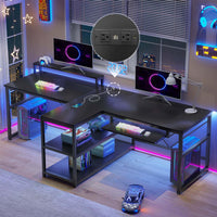 Sikaic 94.5" T Shaped 2 Person Modern Gaming Desk Computer Furniture with Storage LED Lights Black