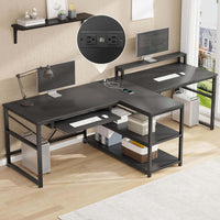 Sikaic 94.5" T Shaped 2 Person Modern Gaming Desk Computer Furniture with Storage LED Lights Black