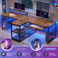 Sikaic 94.5" T Shaped 2 Person Modern Gaming Desk with Storage LED Lights Keyboard Tray Rustic Brown