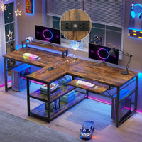 Sikaic 94.5" T Shaped 2 Person Modern Gaming Desk with Storage LED Lights Keyboard Tray Rustic Brown