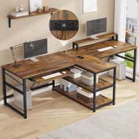 Sikaic 94.5" T Shaped 2 Person Modern Gaming Desk with Storage LED Lights Keyboard Tray Rustic Brown