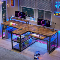 Sikaic 94.5" T Shaped 2 Person Modern Gaming Desk with Storage LED Lights Keyboard Tray Rustic Brown
