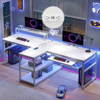 Sikaic 94.5" T Shaped 2 Person Modern LED Lights Gaming Desk with Storage White