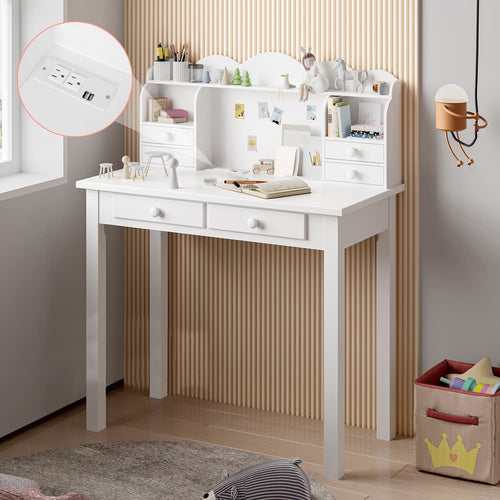 Sikaic Small White Writing Desk Makeup Dressing Table with Hutch and USB Ports