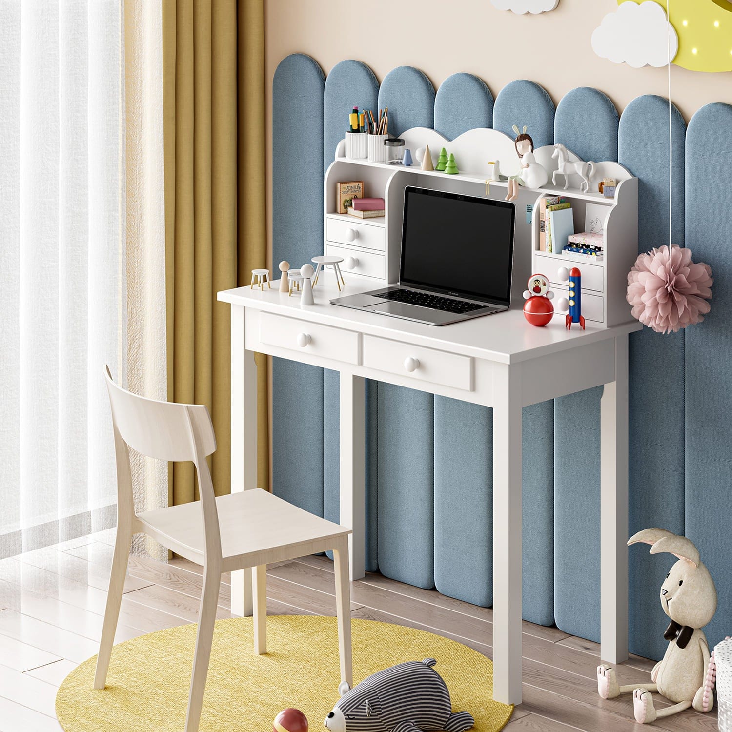 Sikaic Writing Desk Writing Desk Makeup with 6 Drawers and USB Ports White Modern
