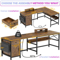 Sikaic 63" L Shaped Convertible Computer Office Desk with Drawer Power Strip Storage Cabinet Rustic Brown