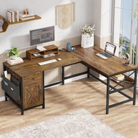 Sikaic 63" L Shaped Convertible Computer Office Desk with Drawer Power Strip Storage Cabinet Rustic Brown