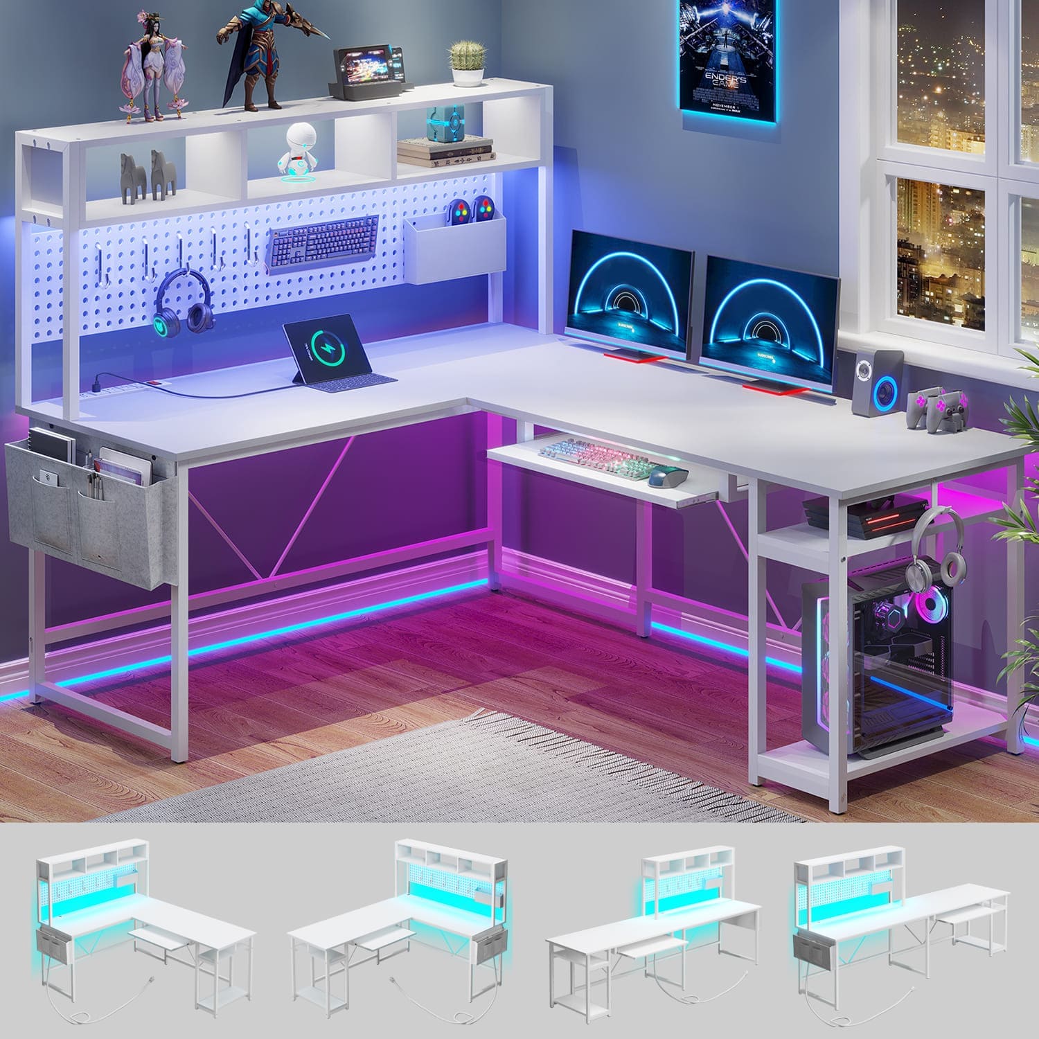 Computer Desk Reverse L L Shaped Reversible LED Gaming Desk White | Sikaic