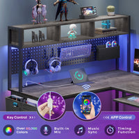 Sikaic L Shaped Reversible Gaming Desk With Power Outlets Keyboard Tray Grey