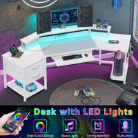 Sikaic 79" L Shaped Carbon Fiber Gaming Desk with 2 Fabric Drawers LED Light Storage Shelf White