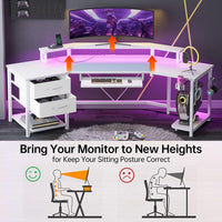 Sikaic 79" L Shaped Carbon Fiber Gaming Desk with 2 Fabric Drawers LED Light Storage Shelf White