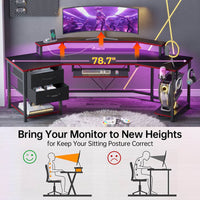 Sikaic 79" L Shaped LED Gaming Desk with 2 Fabric Drawers Storage Shelf Black&Red